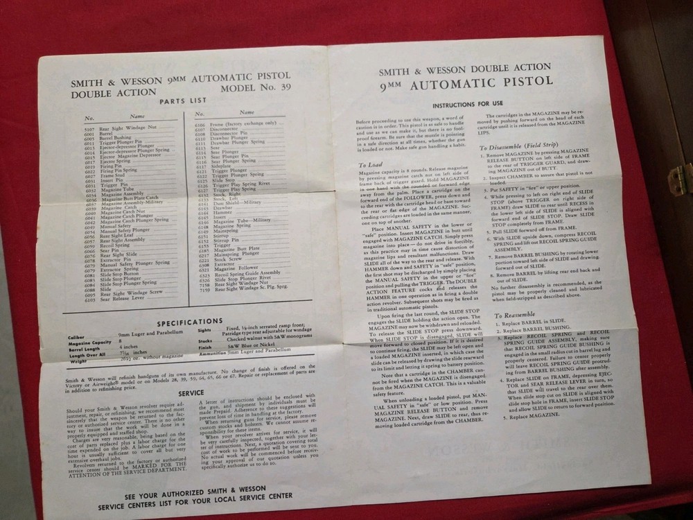Original Smith And Wesson Model 39 Instructions/Maintenance. Dated 2/78.