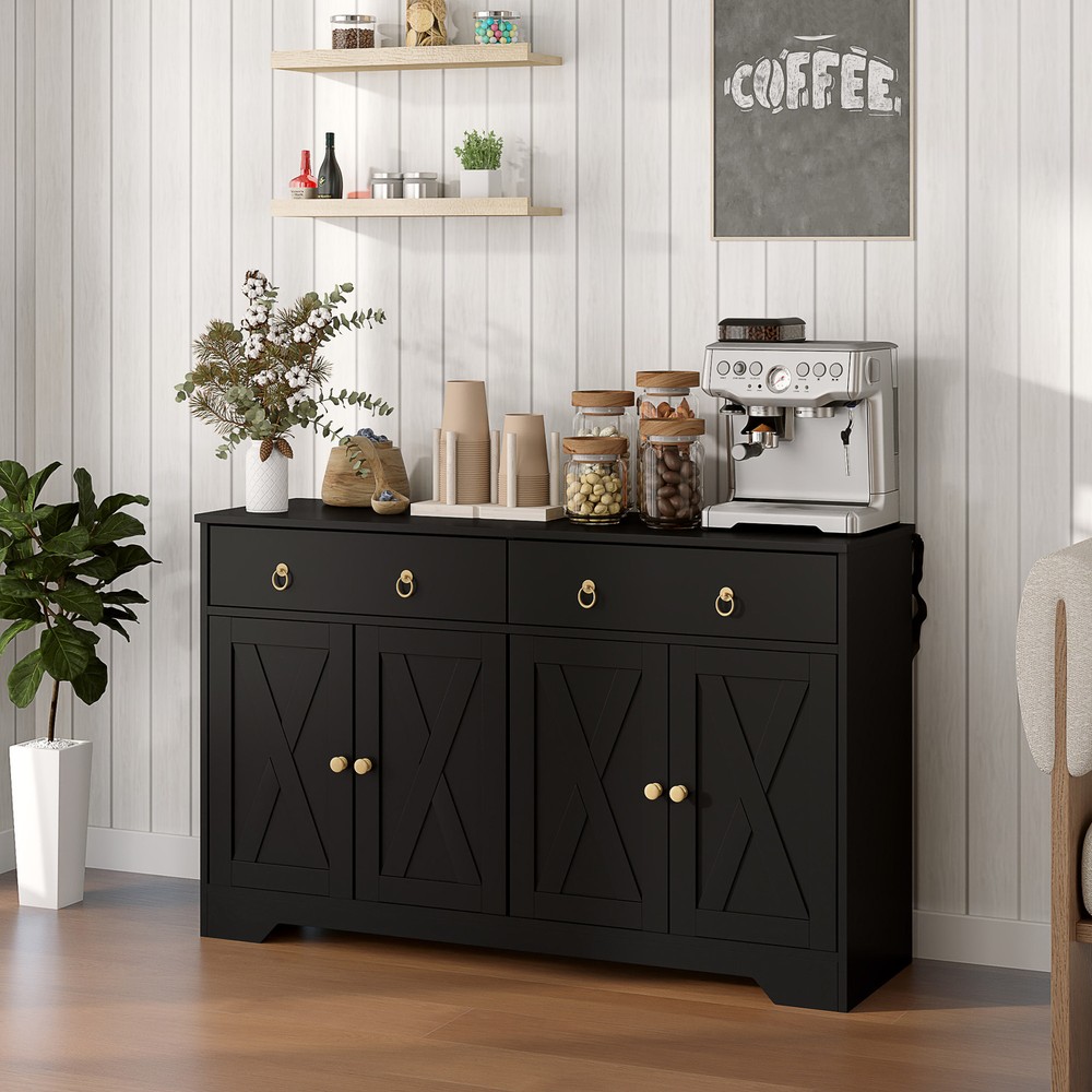 Kitchen Sideboard, Buffet Cabinet with Barn Doors, Adjustable Shelf, Black