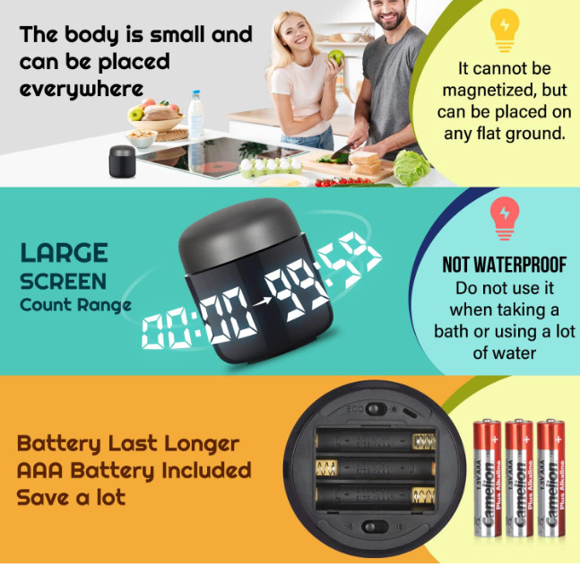 PINGKO Digital Kitchen Timer Visual Countdown Alarm Loud Sound Large LED Display