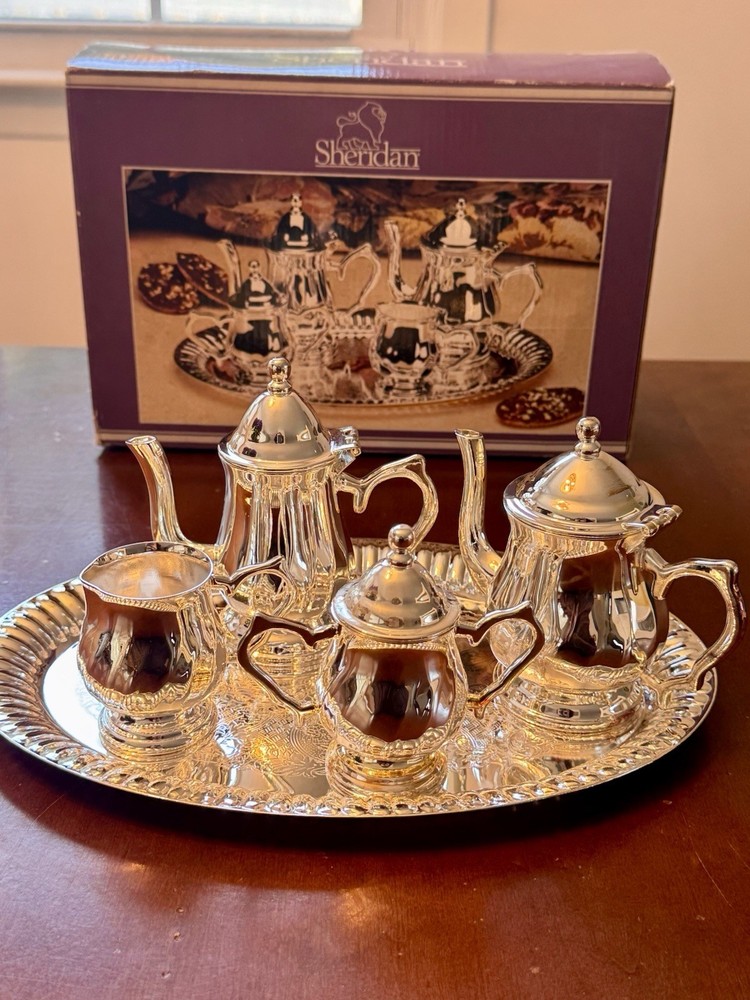 Vintage Sheridan Silver Plated 5 Piece Mini Tea Set w/ Tray Complete Set w/ Box