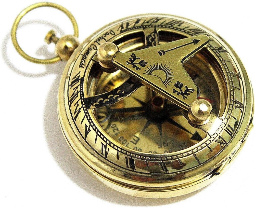 Brass Push Button Direction Sundial Compass - Pocket Sundial Compass Rustic V...