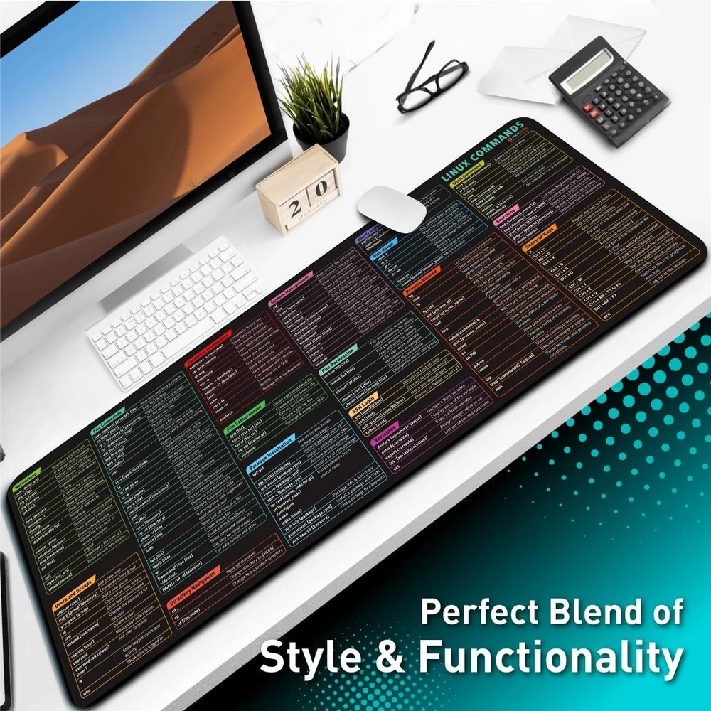 Linux Commands Line Mouse Pad - Extended Large Cheat Sheet Mousepad. Shortcuts t