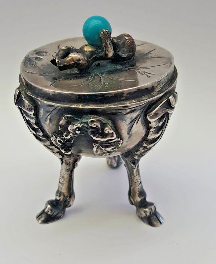 CIRCA 1886 RUSSIAN EGG 84 SILVER WITH RUBY & BLUE STONE