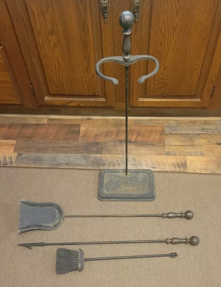 Vintage Antique Solid Brass Hand Forged Fireplace 3 Tools with Stand Set