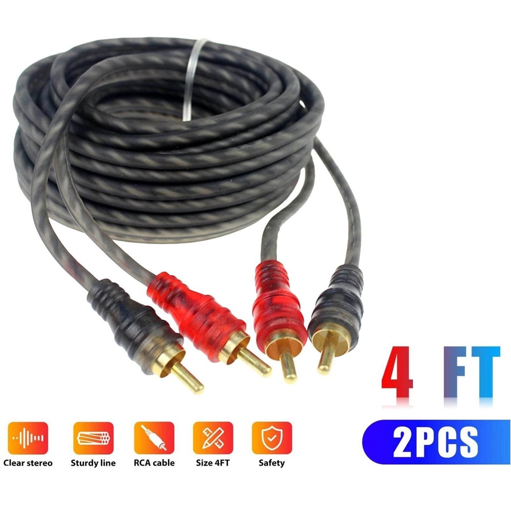 Durable 2PCS RCA Cables 2 Channel Twisted 4Ft Audio Interconnect Amp Cable