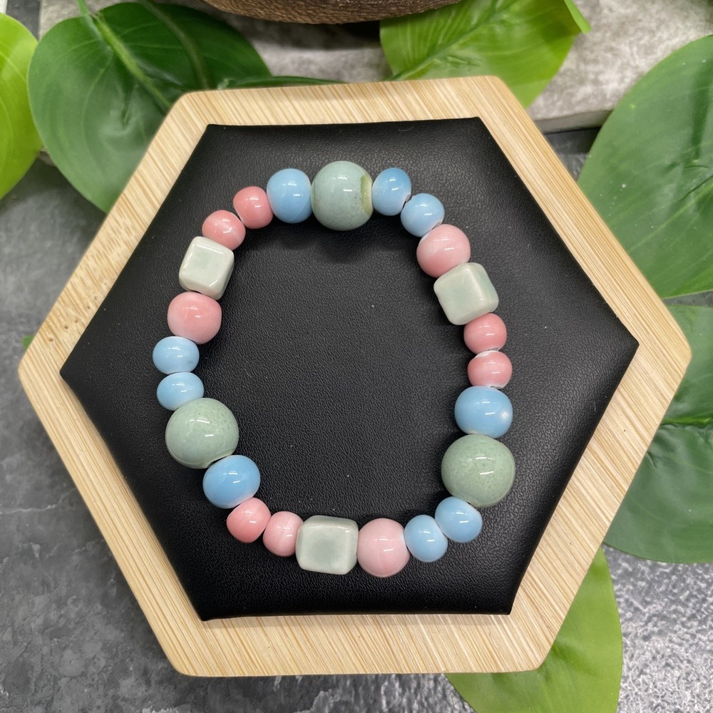 Handmade Ceramic Bead Beaded Stackable 6” Plus Stretch Bracelet New B33