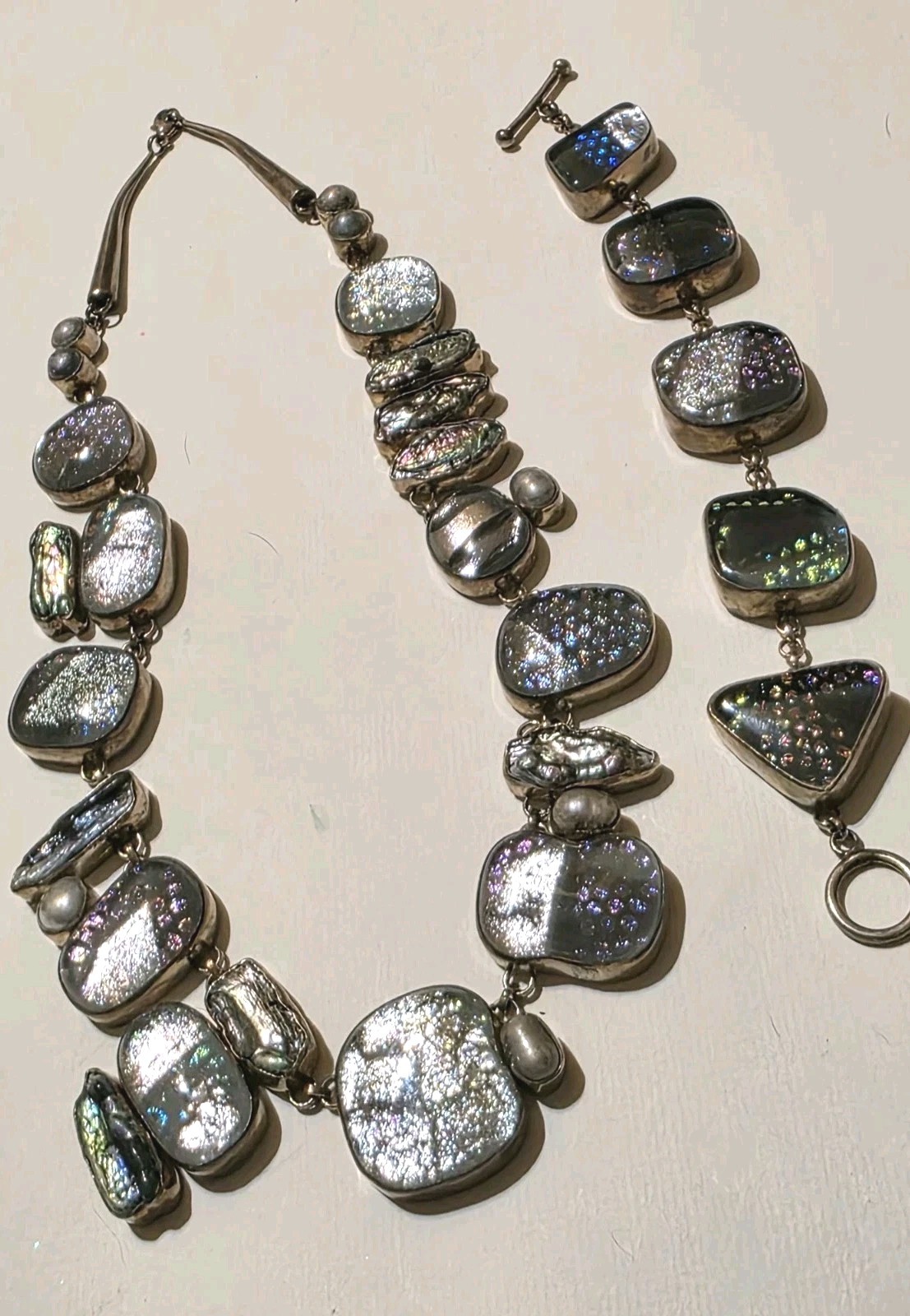 Signed Sterling Silver Dichroic Art Glass Necklace Bracelet Set Large Statement