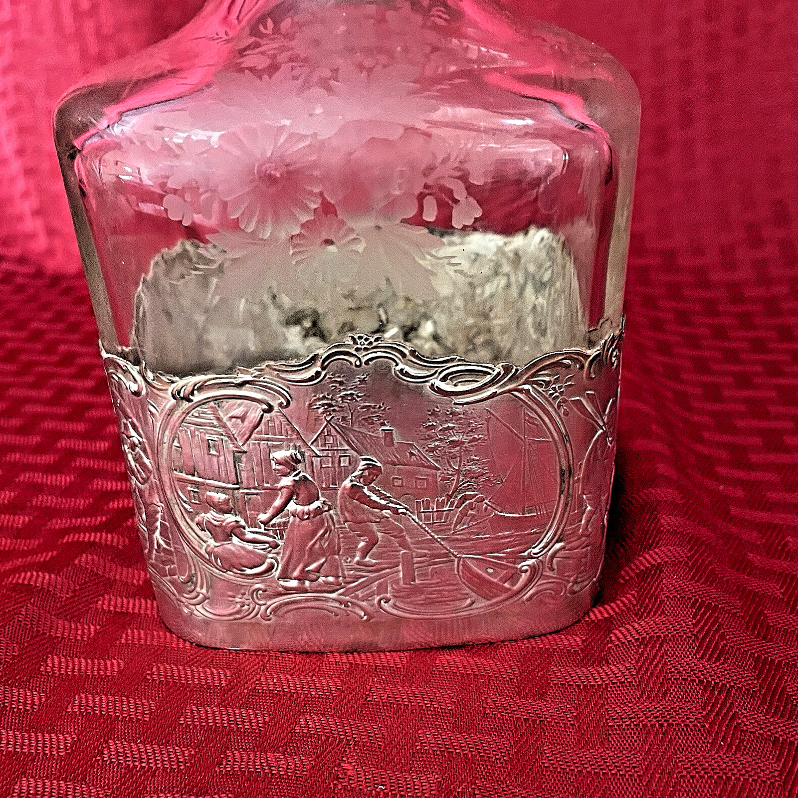 ANTIQUE GERMAN HANAU .800 SILVER OVERLAY ON ETCHED DECANTER