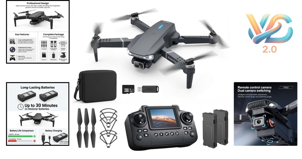 Foldable Drone with Screen Controller 1080p HD Camera 2 Batteries Beginner