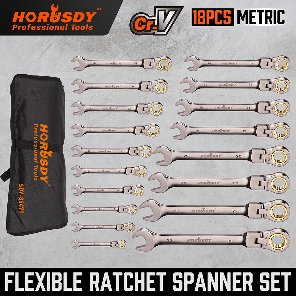 18 PC Flex Head Ratcheting Wrench Set 6 - 30 MM Combination End Spanner & Pounch