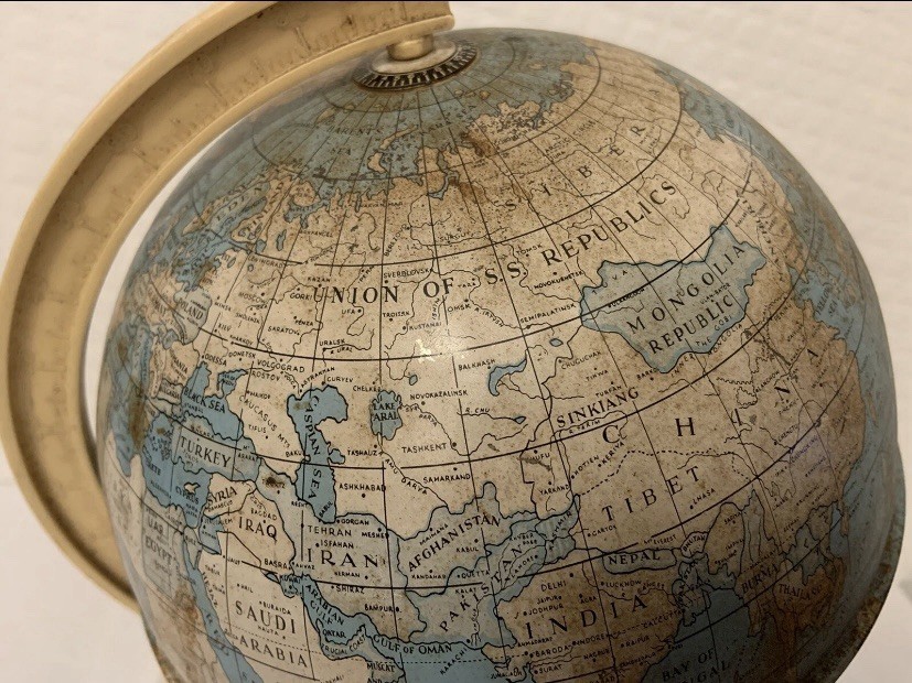 Vintage 1950’s Desktop Rotating Tin Globe World Map