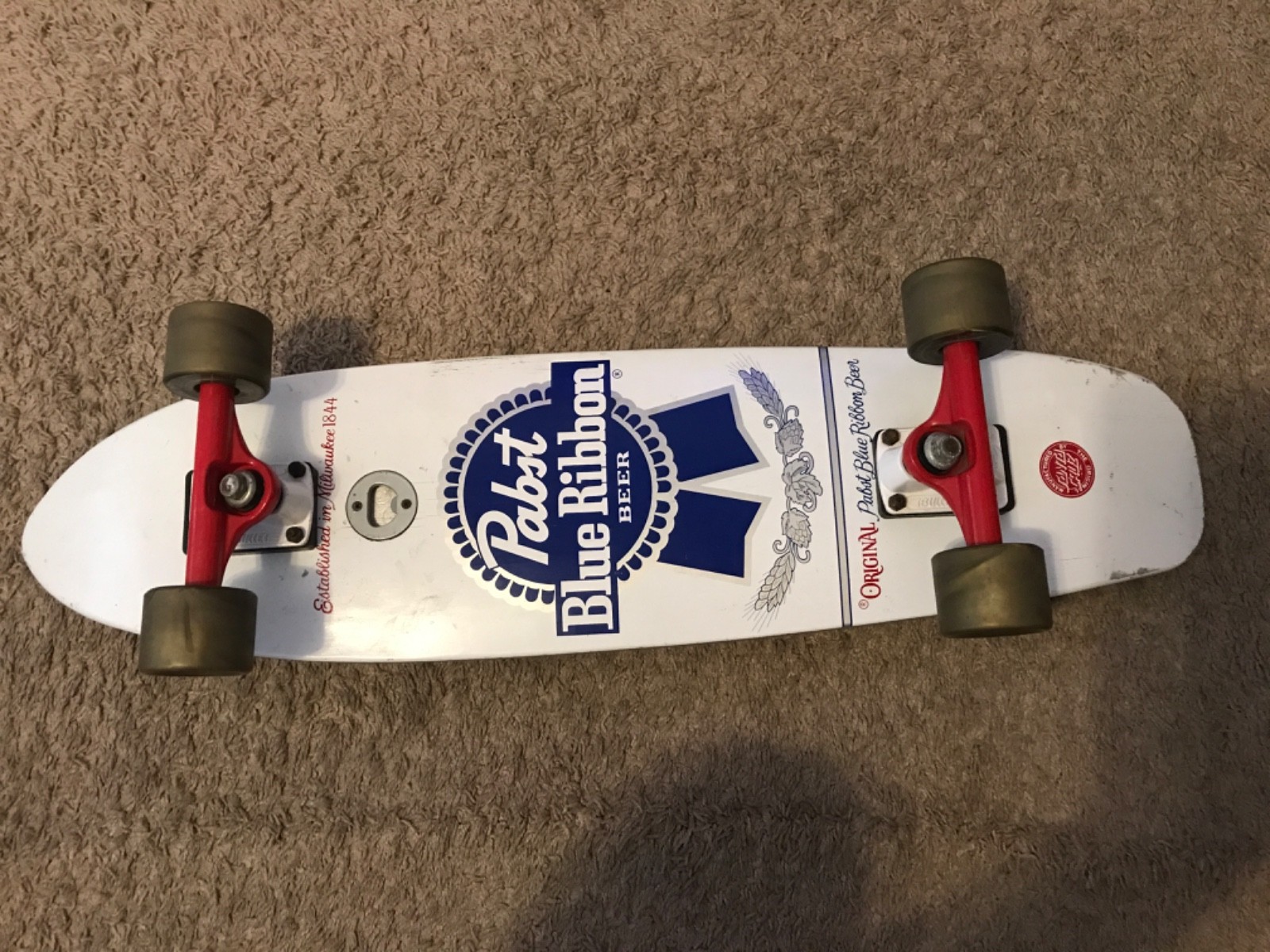 Santa Cruz x Pabst Blue Ribbon "Cold One" Skateboard Deck Built-in Bottle Opener
