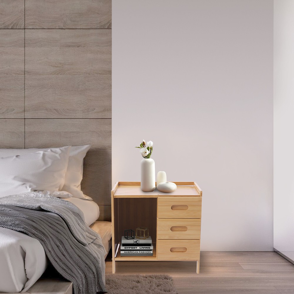 3 Drawers Bamboo Bedside Table Storage Box Bedroom End Side Table Large Capacity