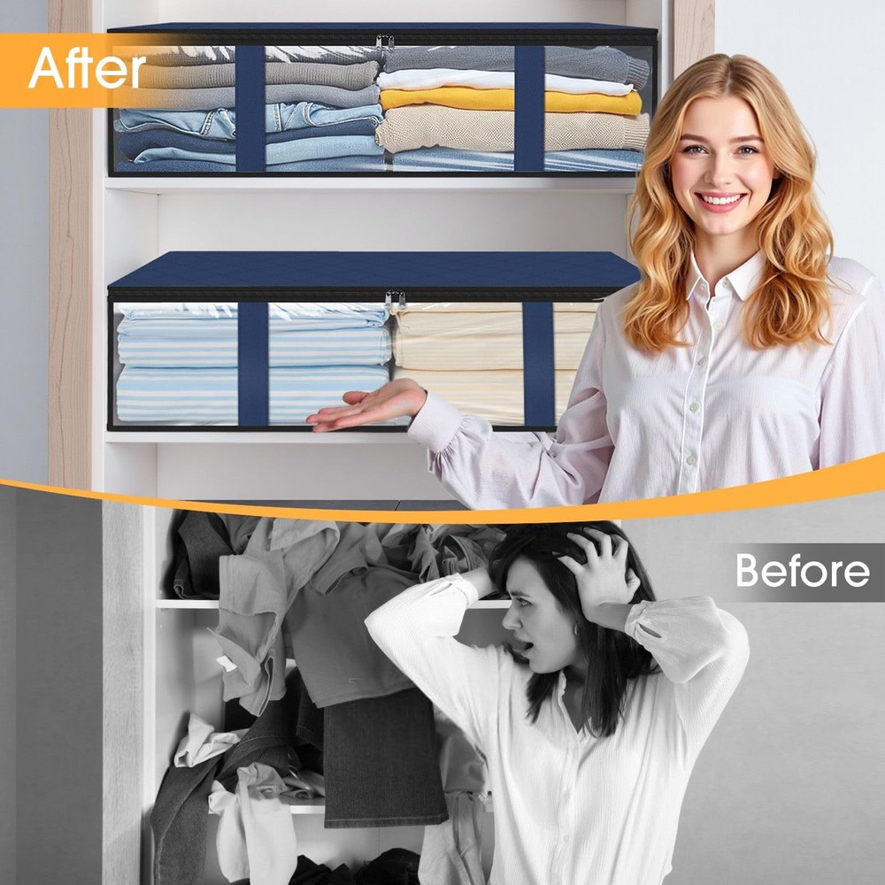 4 PCS Blue 40L Foldable Fabric Under Bed Storage Bins Transparent Window