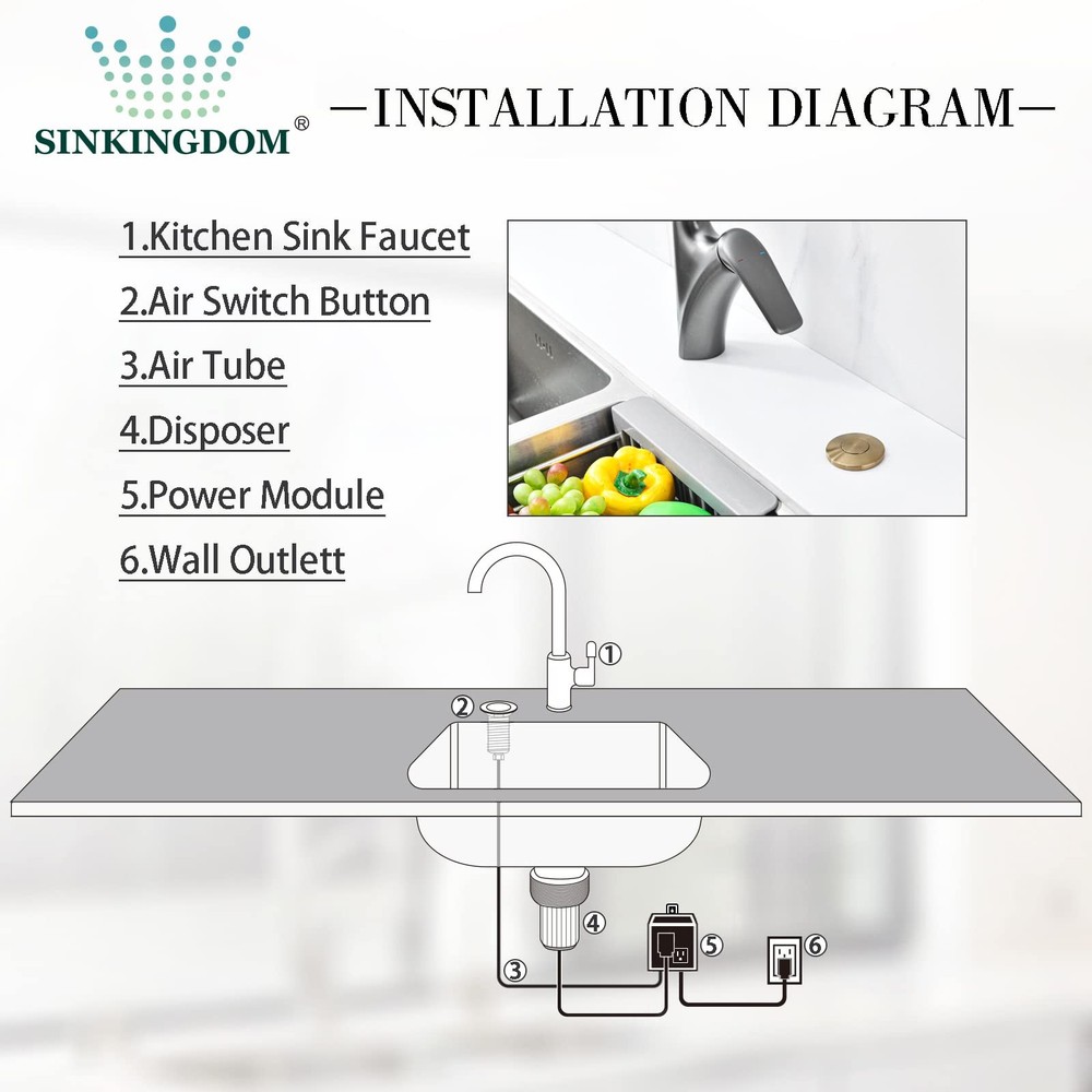 SINKINGDOM SinkTop Garbage Disposal Air Switch Kit with Long Button, Champagn...