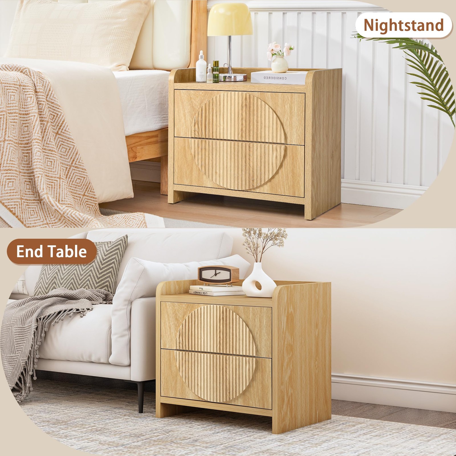 24 Inch Wide Fluted Nightstands Large Night Stand with 2 Drawers