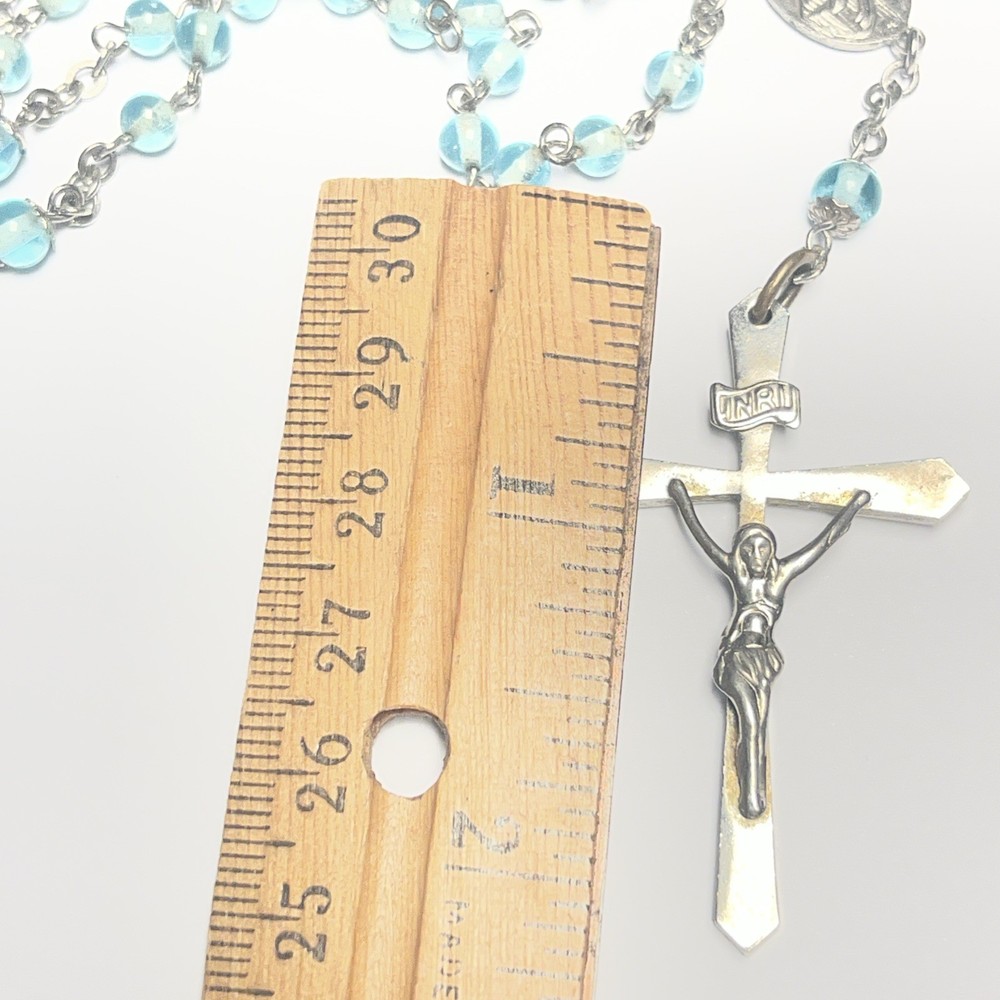 Light Blue Silvertone Christian Catholic Rosary Bead Necklace