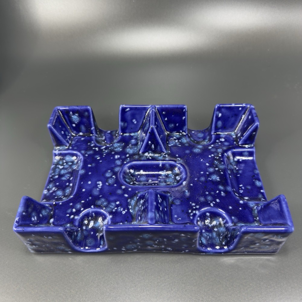 Vintage Hand Made Pottery Ashtray Dish Blue Speckled Glaze Rectangular Container