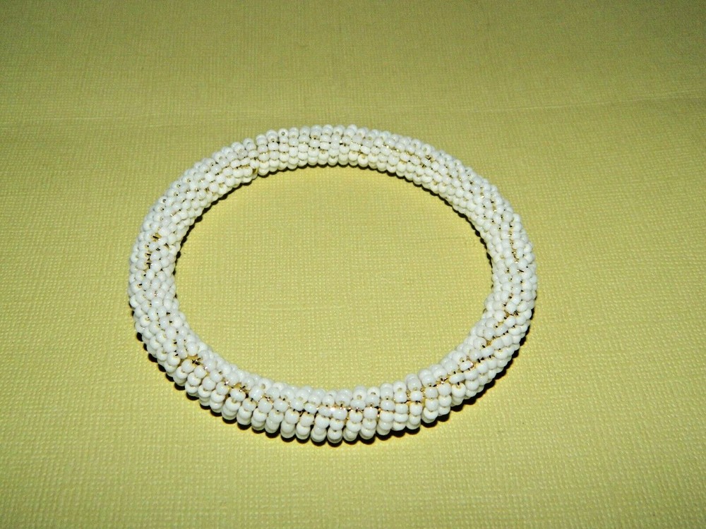 Tiny White Bead & Goldtone Beaded Bangle Bracelet