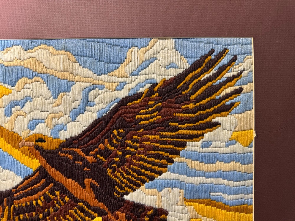 Large Vintage Needlepoint "An Eagle In Flight" - Framed