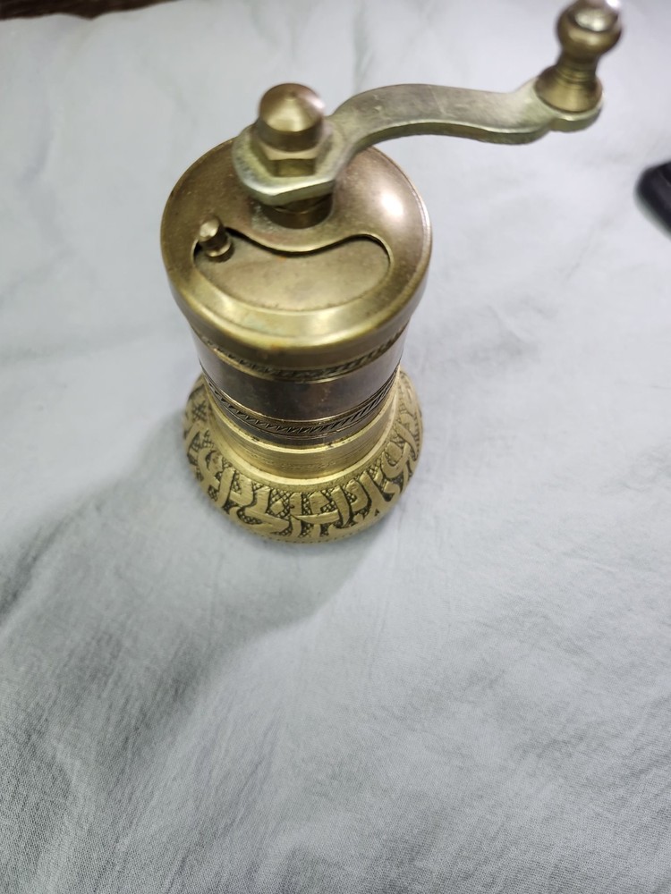 Antique Turkish Solid Brass Pepper Grinder Hand Engraved Spice Mill Working