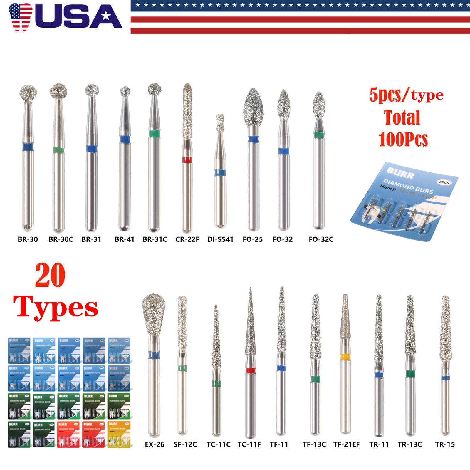 100 fresas diamante para turbina Diamond Burs dental High speed handpiece 1.6mm