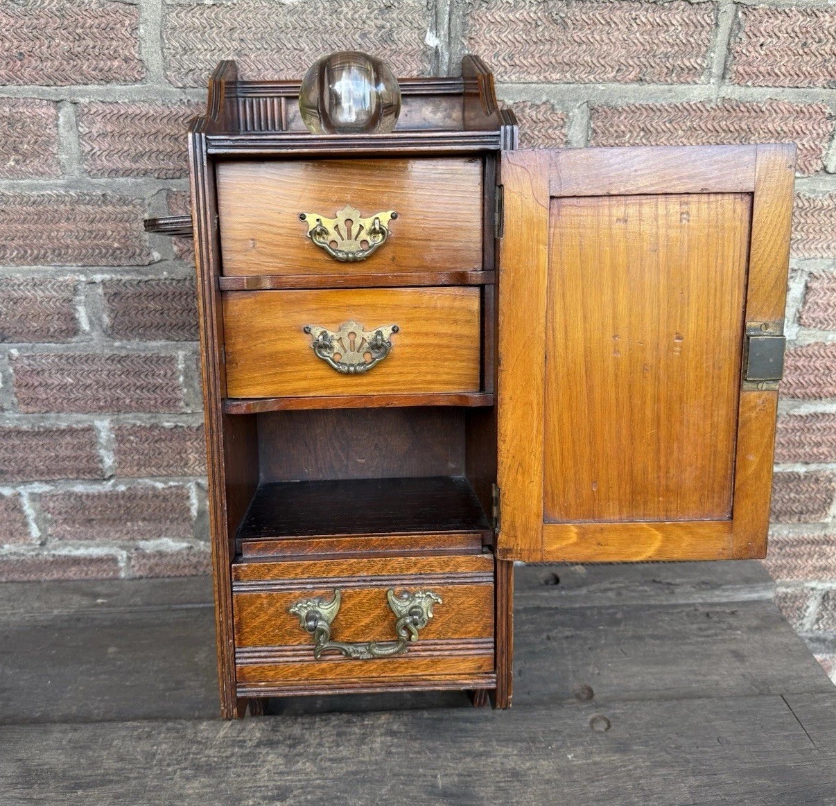 Antique Edwardian Oak Wall Hanging Smokers Cabinet & Original Glass Match Holder