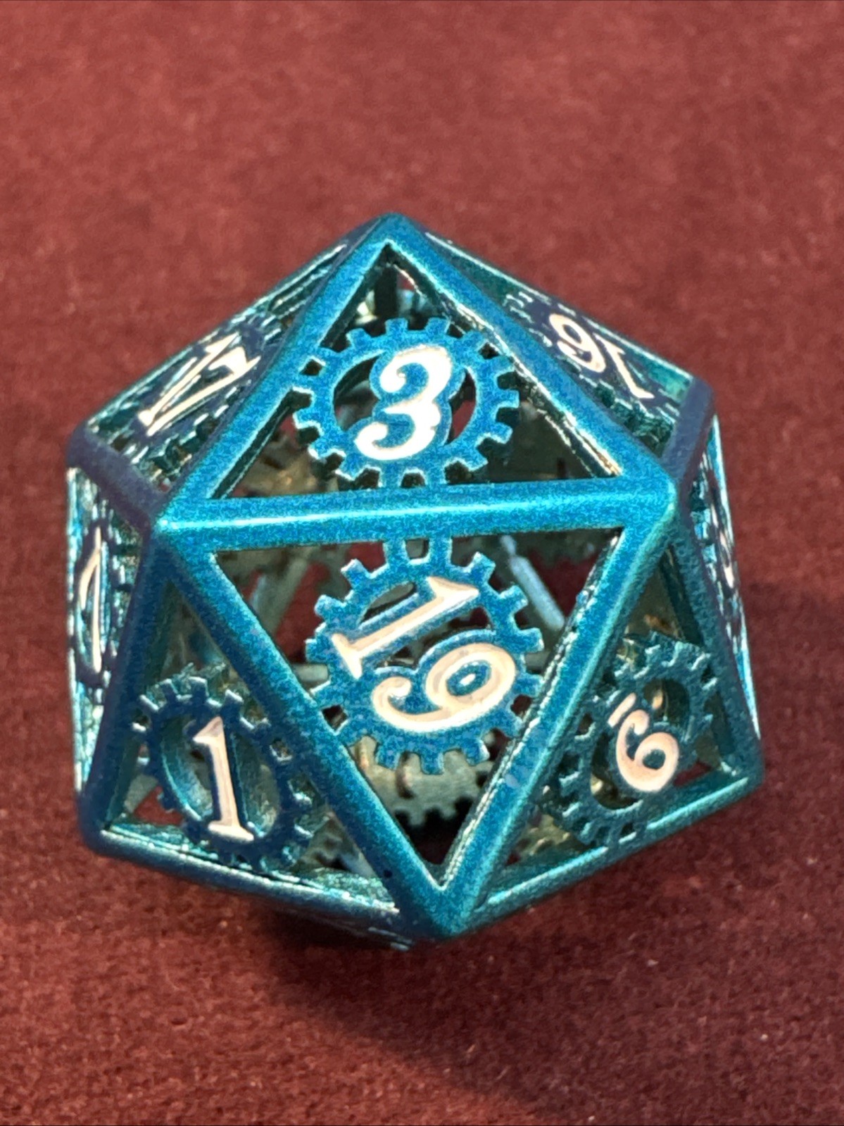 Blue Gear-Themed Hollow Metal Dice Set for RPG DND Games