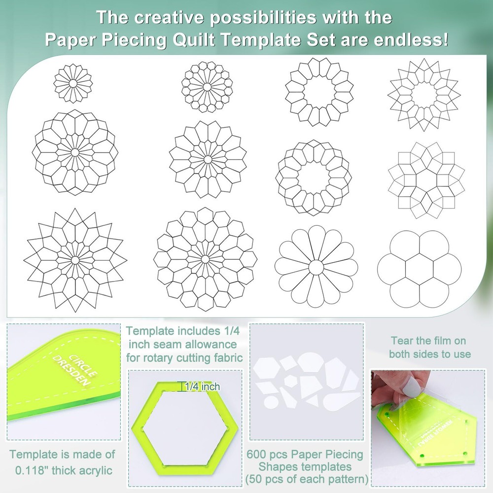 612 Pcs Patchwork Paper Piecing Supplies 12 Shapes Acrylic Patchwork Template...