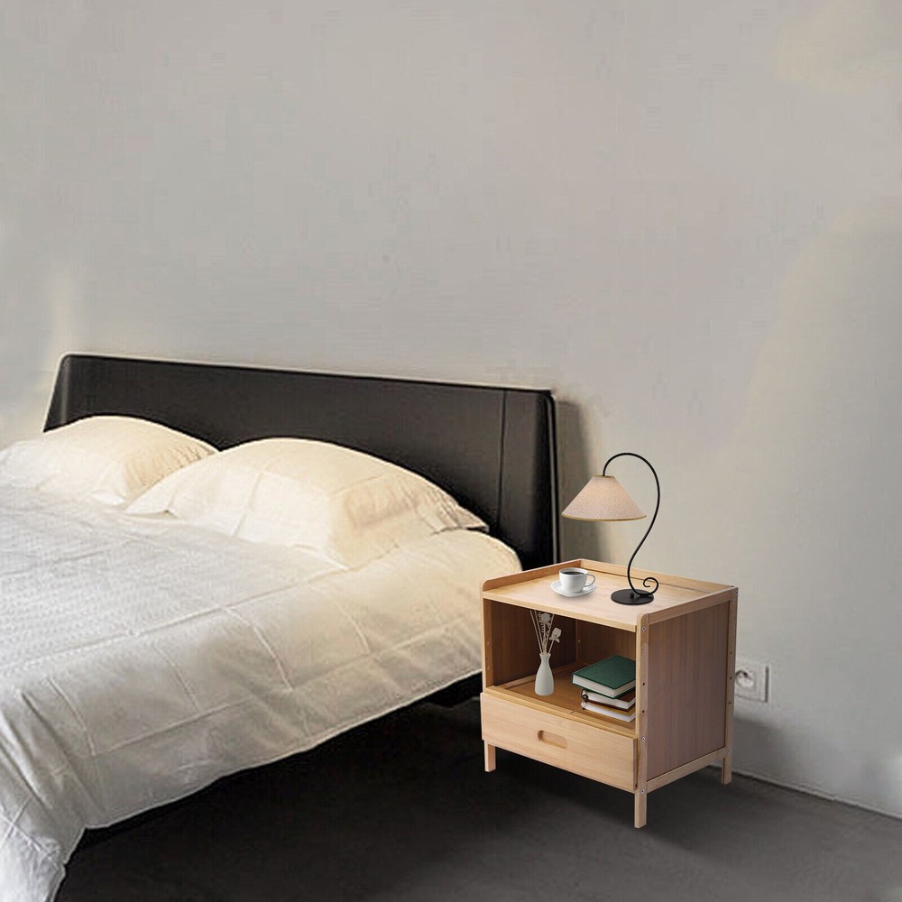 Bedroom Storage Organizer Side Table Bamboo Bedside Nightstand End Table+Drawer