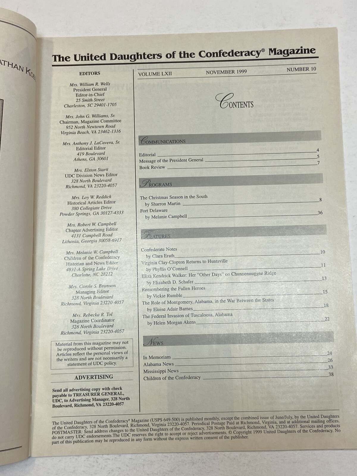 UDC United Daughters of the Confederacy Magazine Nov 1999 Virginia Clay Clopton