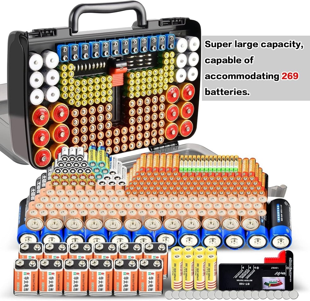 Battery Organizer Box with Tester for 269 Batteries, Grey Storage Solution