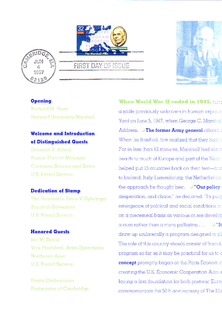 USPS FDC Ceremony Program #3141 The Marshall Plan 50th Anniversary Harvard 1997
