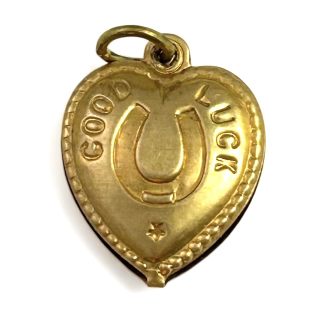 Vintage Good Luck Charm Puffy Heart Pendant Horseshoe Vintage Jewelry Brass