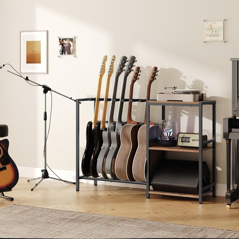 Guitar Stand Multi Guitar Rack 6 String Instruments with Side Shelves Brown