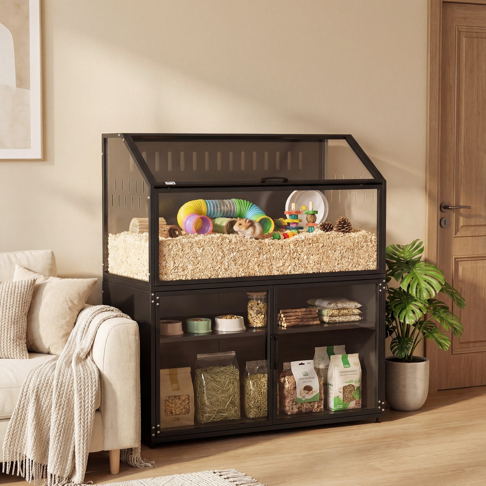 Hamster Cage with Storage Cabinet, Small Animal Cage with Acrylic Panels