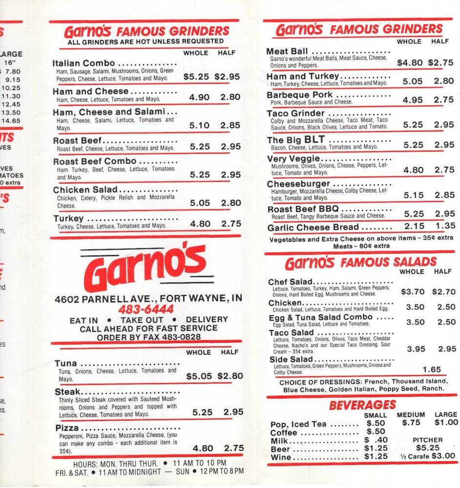 Menu Garno's Pizza & Grinders