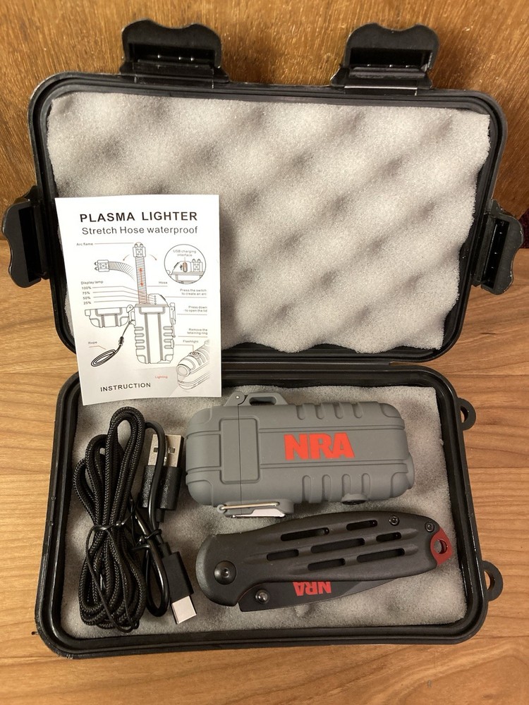 NRA Survival Kit Electric Torch Flashlight Multi Function Plasma Lighter Knife