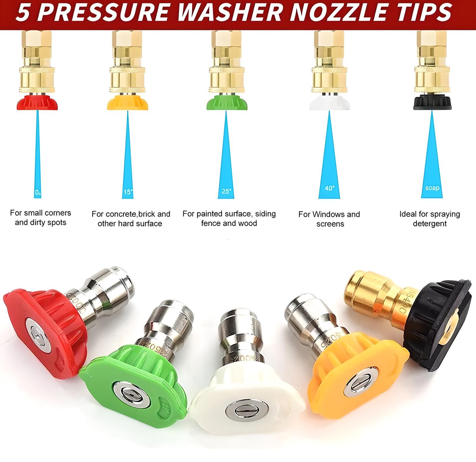 1/4" 5pcs Pressure Washer Spray Tips Nozzles High Power Kit Quick Connect Set US