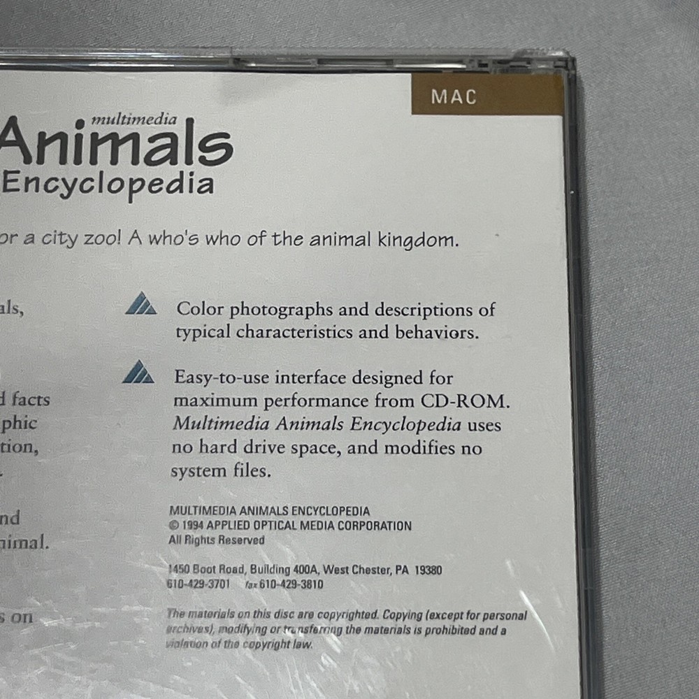 Applied Optical Media Animals Encyclopedia For Macintosh CD Rom
