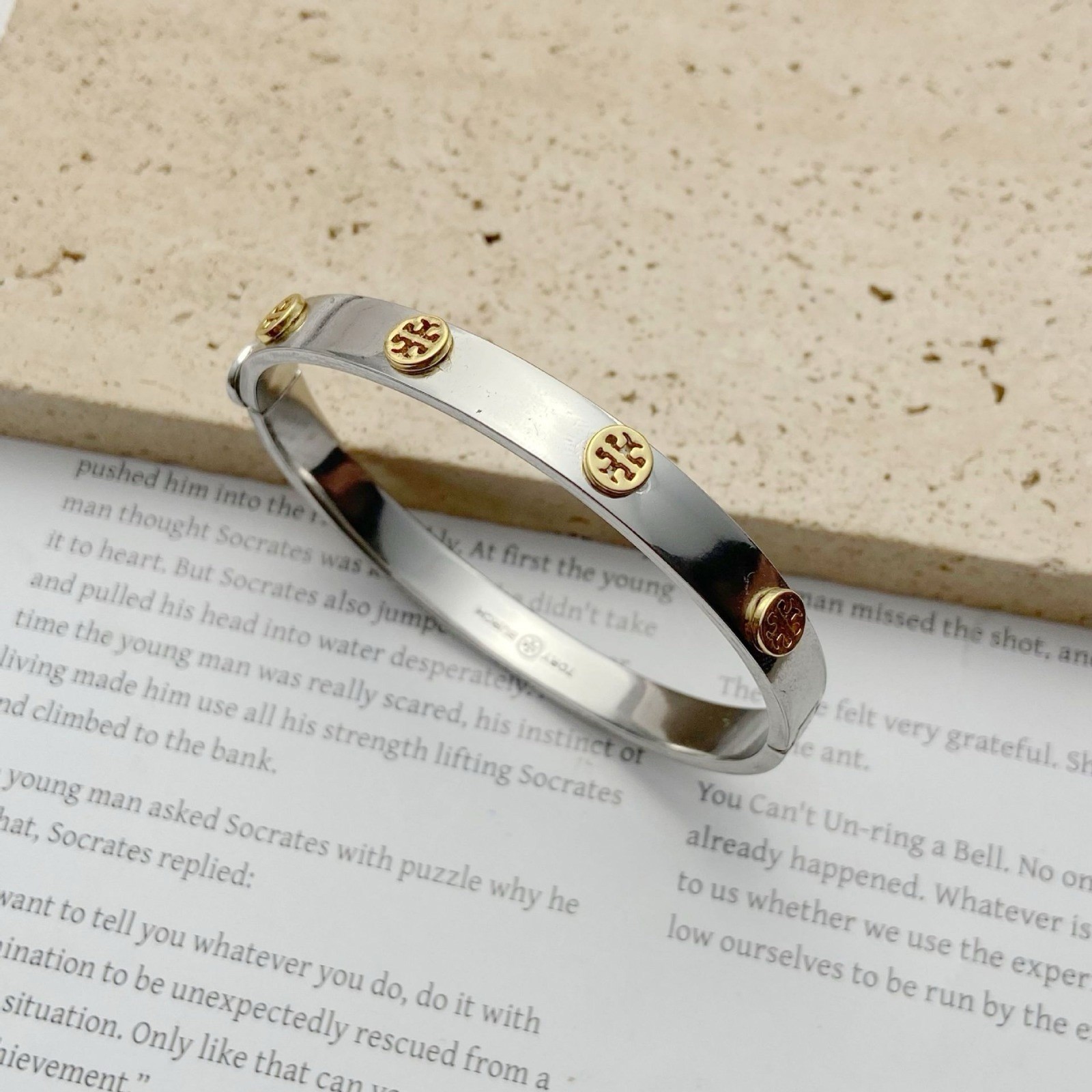 Tory Burch Silver Bracelet with Gold Logo Accents 7mm