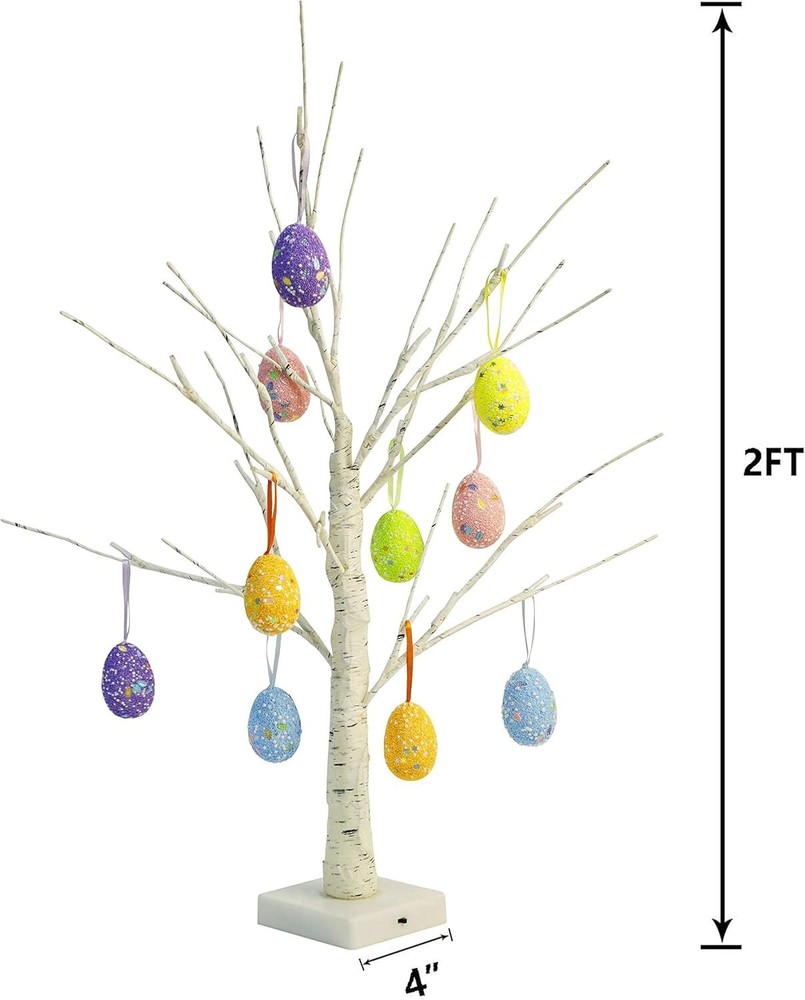 Easter Decorations 24 Inch Pre-Lit White Birch Tree with 10 Hanging Easter Egg