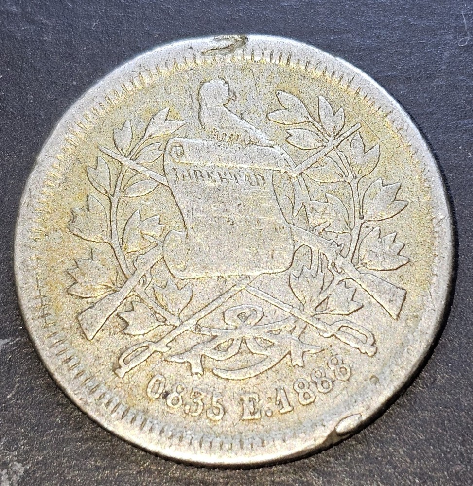 1888 E 25 Centavos Guatemala Silver Coin