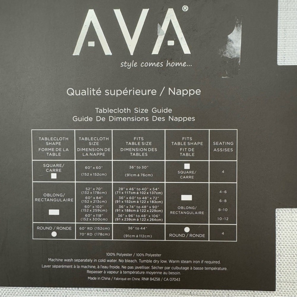 AVA White Silver Grid Print Tablecloth 60" by 84" NWT