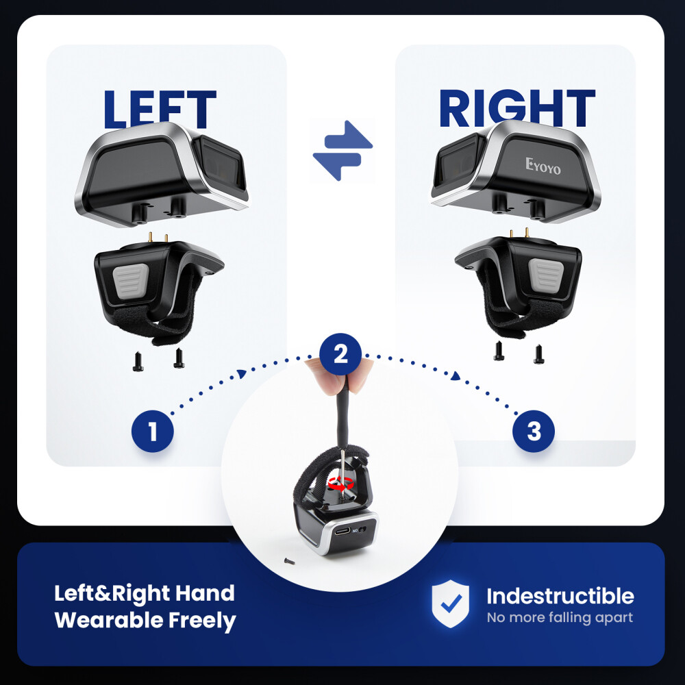 Eyoyo 2D Wireless Wearable Ring Barcode Scanner Mini Finger Scanner for iPad PC
