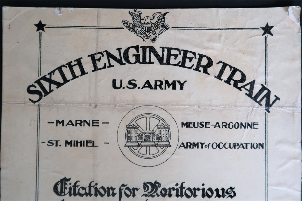 WW I 6th Engineer Batalion Citation Meritorious Service and Devotion Ephemera