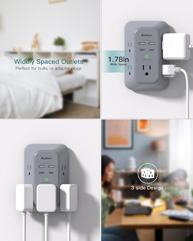 Surge Protector Outlet Extender Multi Plug Wall 2C2A-PD20W Gray