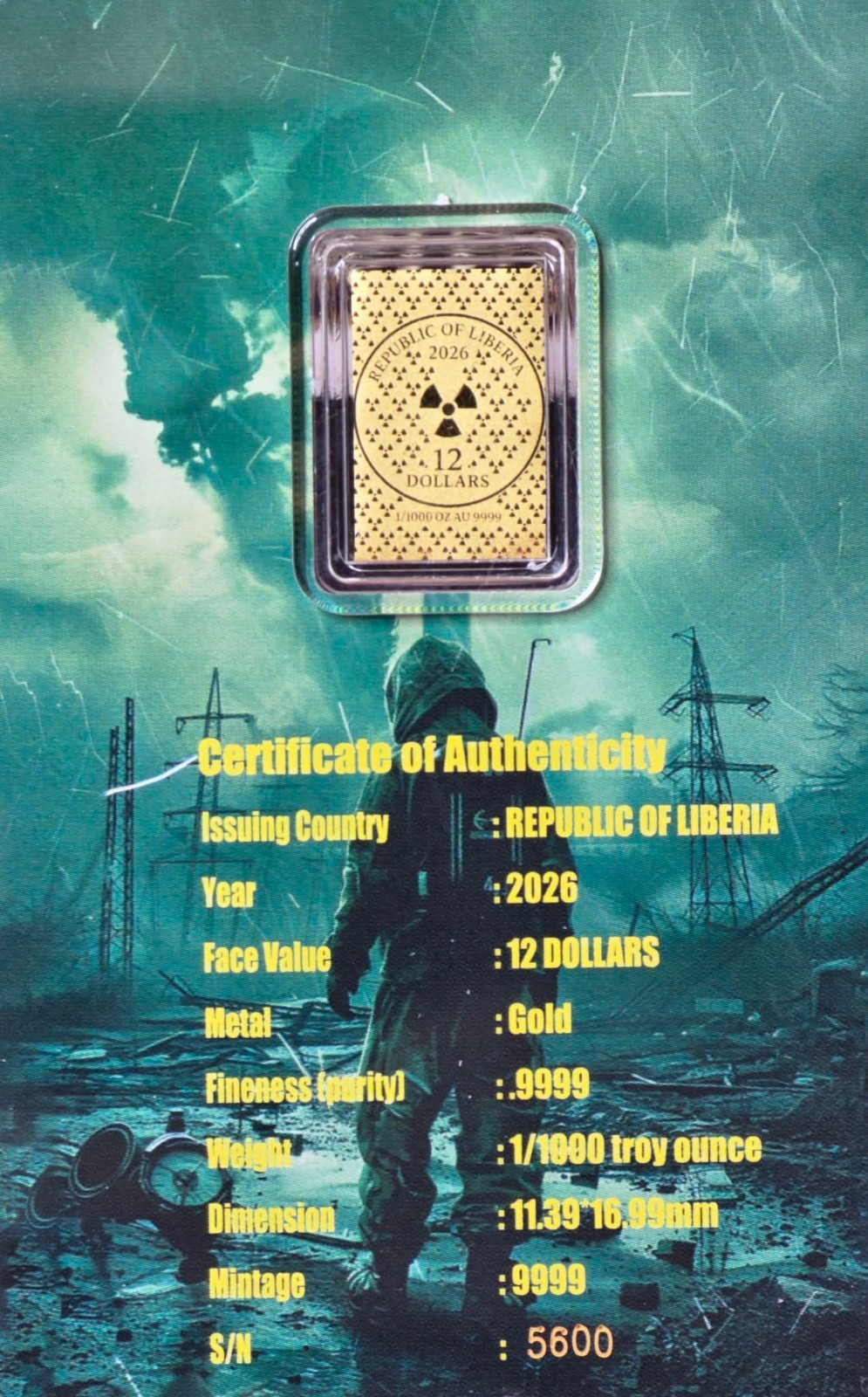 2026 Liberia Chernobyl 1986 Gold Coin Bar 1/1000 oz .9999 w/ COA