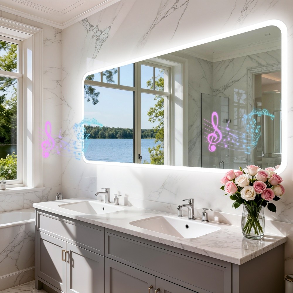 Rectangle LED Bathroom Mirror w/ Bluetooth Speaker Dimmable 3 Colors Wall Mirror