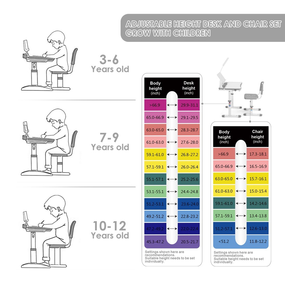 Gray Height Adjustable Kids Desk Chair Set Study Table w/Writing Boad,LED,Drawer